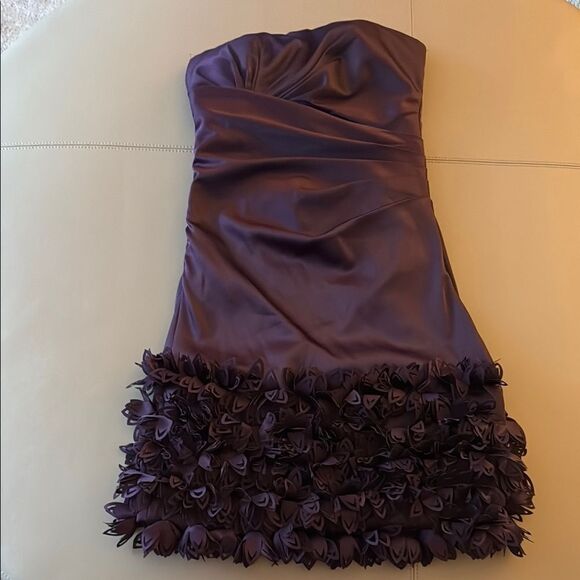 Eyedoll Silk Strapless Ruched Mini Dress with tiered hem in Purple. Size Small. - Picture 1 of 8